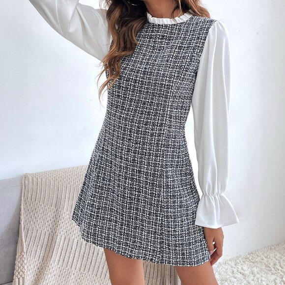 Black and White Elegant Women's Plaid Flounce Sleeve Frill Trim Tweed Dress - Picture 3 of 5